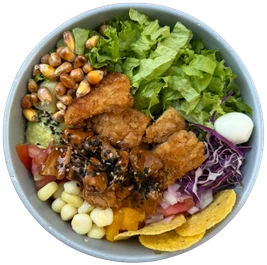 Bowl Akahai con pollo crispy, pollo teriyaki, vegetales y toppings